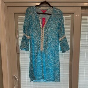 Blue Paisley Tunic Dress with Lace Accents